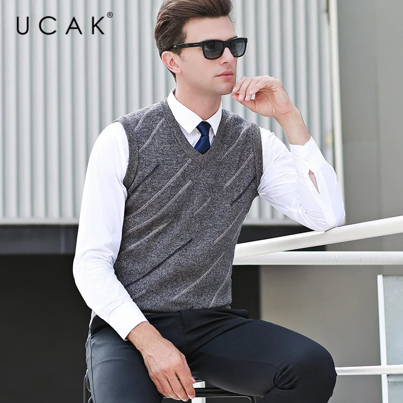 UCAK Brand Pure Merino Wool Sweater Vest 2019 New Arrival Casual Autumn Winter Pull Homme Streetwear 1 UCAK Brand Pure Merino Wool Sweater Vest 2019 New Arrival Casual Autumn Winter Pull Homme Streetwear 2