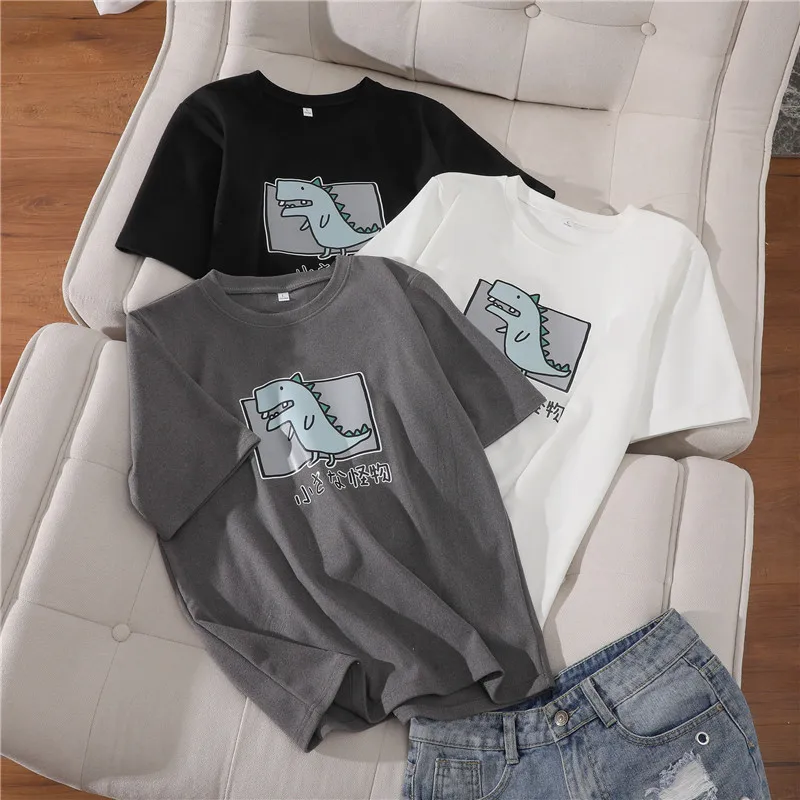 

Harajuku Streetwear Casual All-match Women T-shirts 2020 Cute Cartoon Dinosaur Print Tee Shirt Tops Female Loose Cotton T-shirts