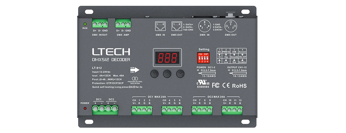 Светодиодный декодер DMX512; DC12-24V вход; 4А* 12CH 12 канальный выход RGB/RGBW светодиодный декодер XLR-3/RJ45 LT-912-O светодиодный/LT-912