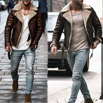 

Men's Winter Lamb Wool Lined Leather Jacket Parka Outwear Trench Coat Warm New