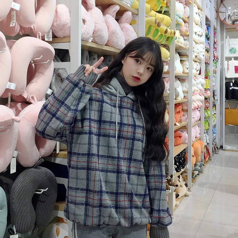 Harajuku флисовые толстовки с капюшоном больших размеров, Женские клетчатые толстовки с высоким воротом, Женские повседневные пуловеры с длинным рукавом, одежда, толстовка