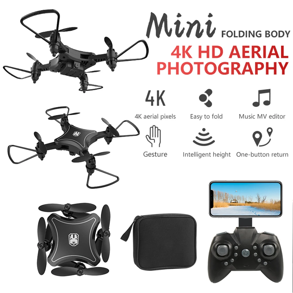 KY902 2,4G 4 канала 6 оси гироскопа дети HD 360 градусов вращения с сумкой для хранения ABS wifi Мини RC Дрон складной вертолет - Color: Black 4K