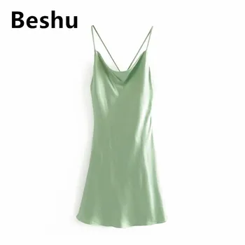 

za 2019 Fashion Satin Sexy Summer Green Solid color Low Neck Tops Halter New Short Mini Sling Party Night Club Dress