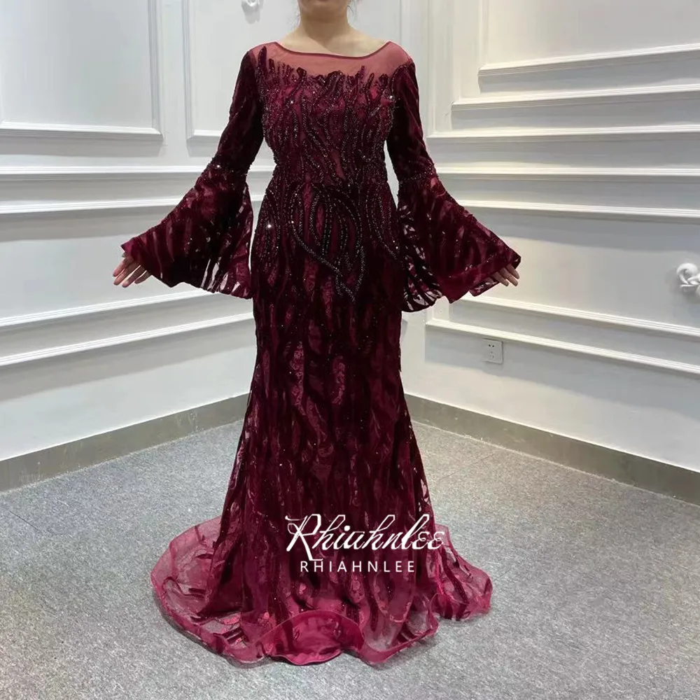 Long Sleeve Wine Red Mermaid Evening Dresses Luxury Dubai Beaded Muslim Formal Gowns Rhiahnlee evening dresses with sleeves