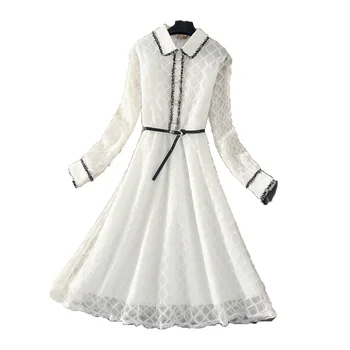 

Autumn Korean Style Net Red Lace Peter Pan Collar Frill Trim Waist Was Thin And Long Sections over the Knee a Word Dress women
