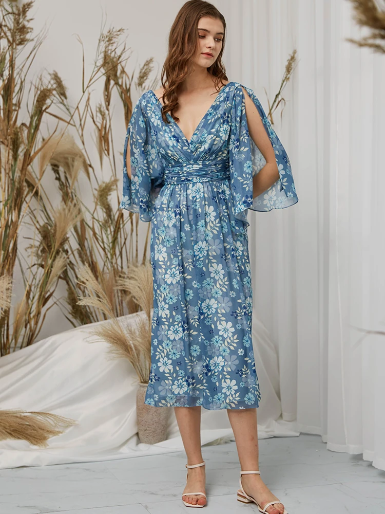 

Half Sleeves V Neck Teal Floral Formal Cocktail Dress Midi Wedding Guest Party Special Occasion Plus Size Evening Gown Bespoke