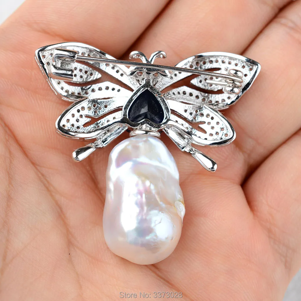 Women's Butterfly White Keshi Pearl Brooch