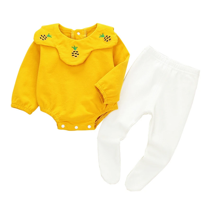 

Girl romper 2 pieces set fashion cotton long-sleeved English Pineapple strawberry petal collar triangle clothes + Pantyhose suit