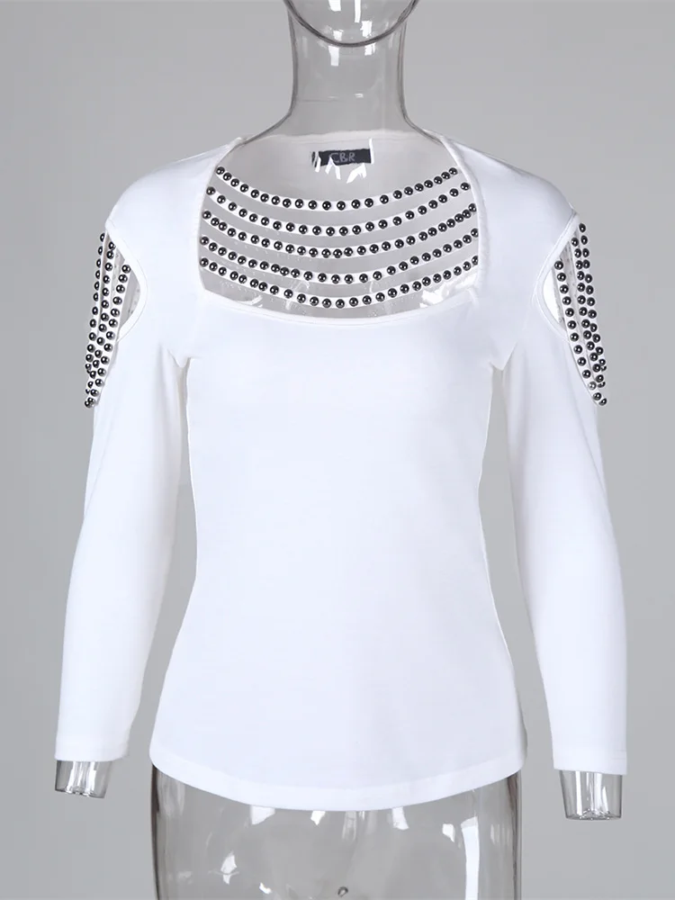 Осенняя женская элегантная белая стильная рубашка женские укороченные повседневные топы с открытыми плечами с кисточками с шипами блузка