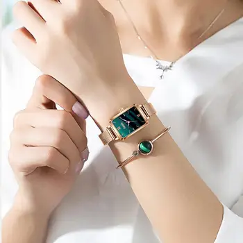 Relojes de pulsera de lujo con esfera verde cuadrada para mujer, pulsera de cuarzo de acero inoxidable rosa, regalo
