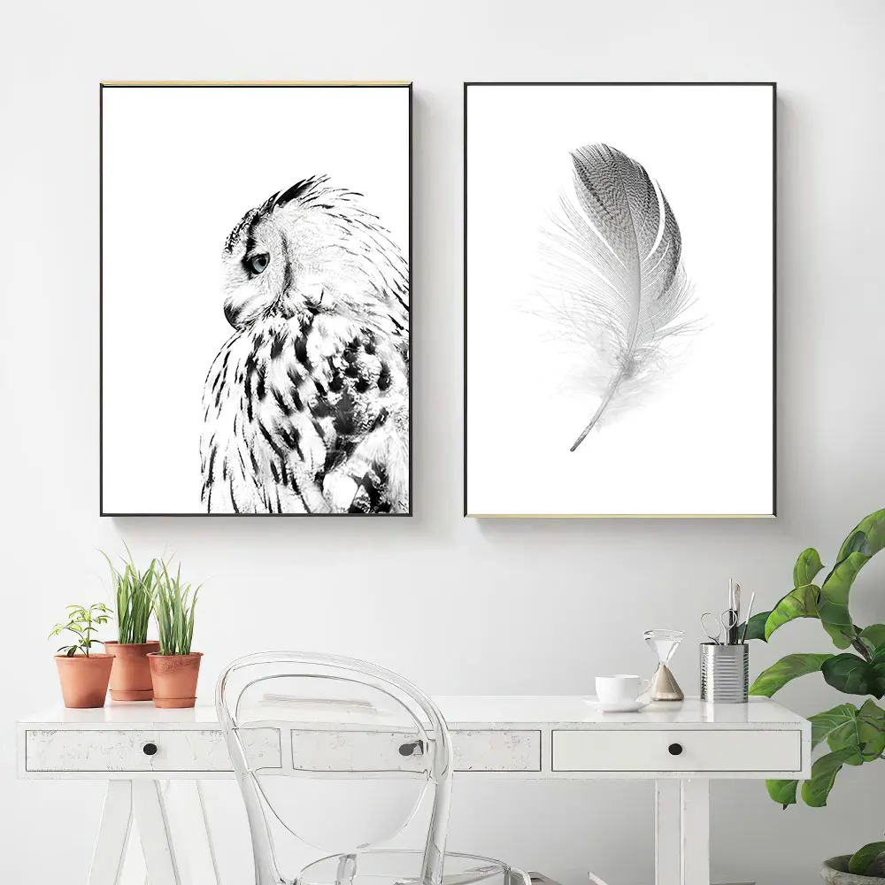 Nordic-Black-White-Poster-Owl-Canvas-Painting-Feather-Wall-Art-Print-Quote-Modern-Picture-For-Living (1)