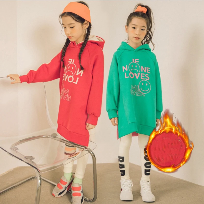 Цветные Лоскутные плотные длинные толстовки с капюшоном для девочек, юбка корейская детская одежда Повседневная осенне-зимняя одежда для девочек 8, 10, 12 лет