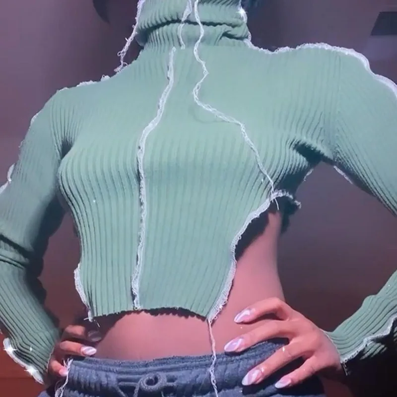 

Ribbed High Collar Women's Long Sleeve T-shirts Winter 2020 New Casual Solid Street Fashion Crop Tops Slim Ruffles Tees Women