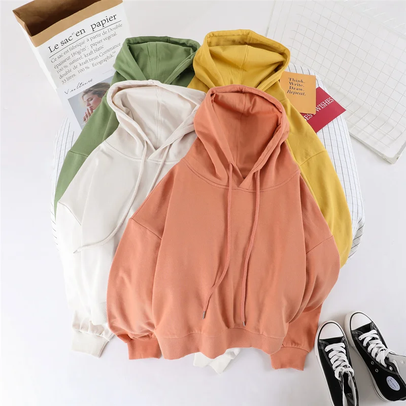 Свободный карамельный цвет Толстовка Femme Drawstring с капюшоном спортивный костюм сплошной женский с длинным рукавом Осенняя Толстовка Осенняя верхняя одежда Горячая
