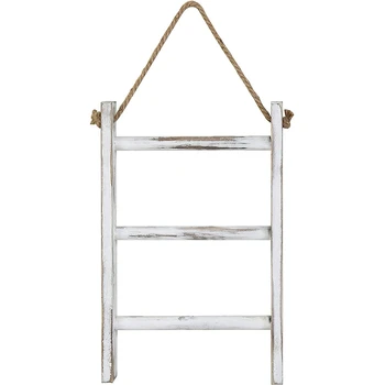 

Wall-Hanging Towel Ladder Rustic Whitewashed Wood Countertop Ladder Farmhouse Decor Towels Rack with Adjustable Rope