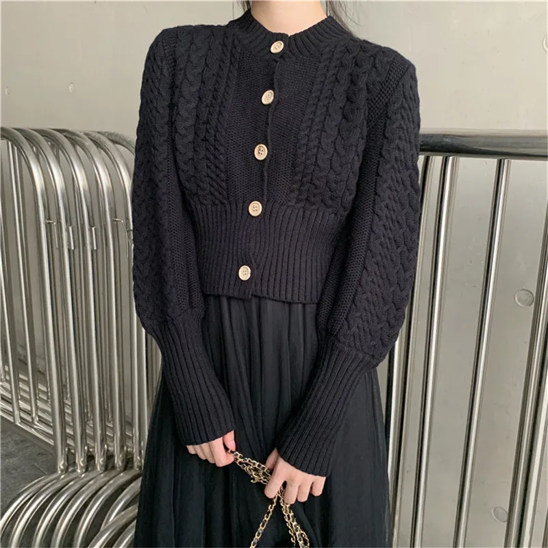RUGOD New Women Knitted Cardigan Korean Chic Vintage Stylish Short Sweater Coat O-neck Long Sleeves Slim Autumn Coat Female