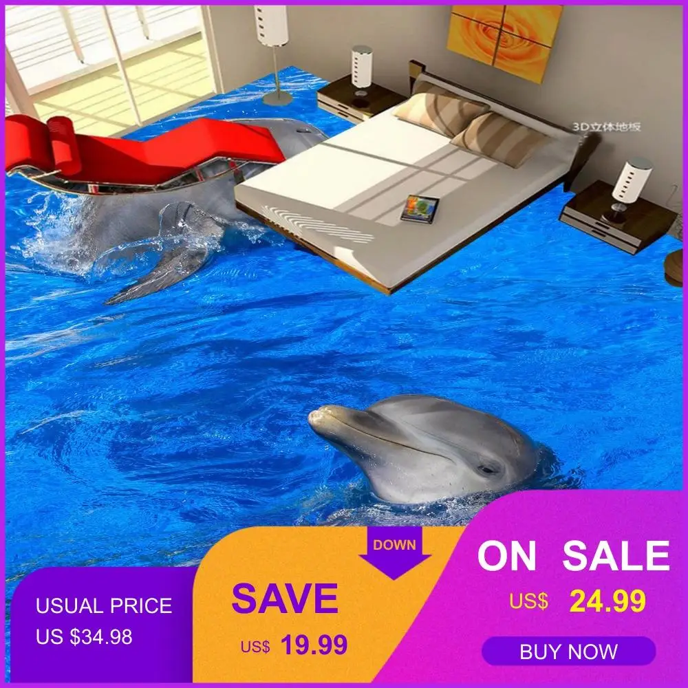 Высокое качество 3D играющие дельфины вода наклейка для пола живопись самоклеющиеся Нескользящие пол обои росписи