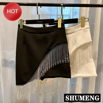 

Chain Tassel Shiny Nightclub Skirt Female Retro High Waist Mini Skirt for Party Streetwear 2020 Summer New Hem Rhinestone