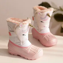Bottes de neige imperméables pour enfants, jolies chaussures de princesse en peluche pour bébés garçons, motif licorne de dessin animé 