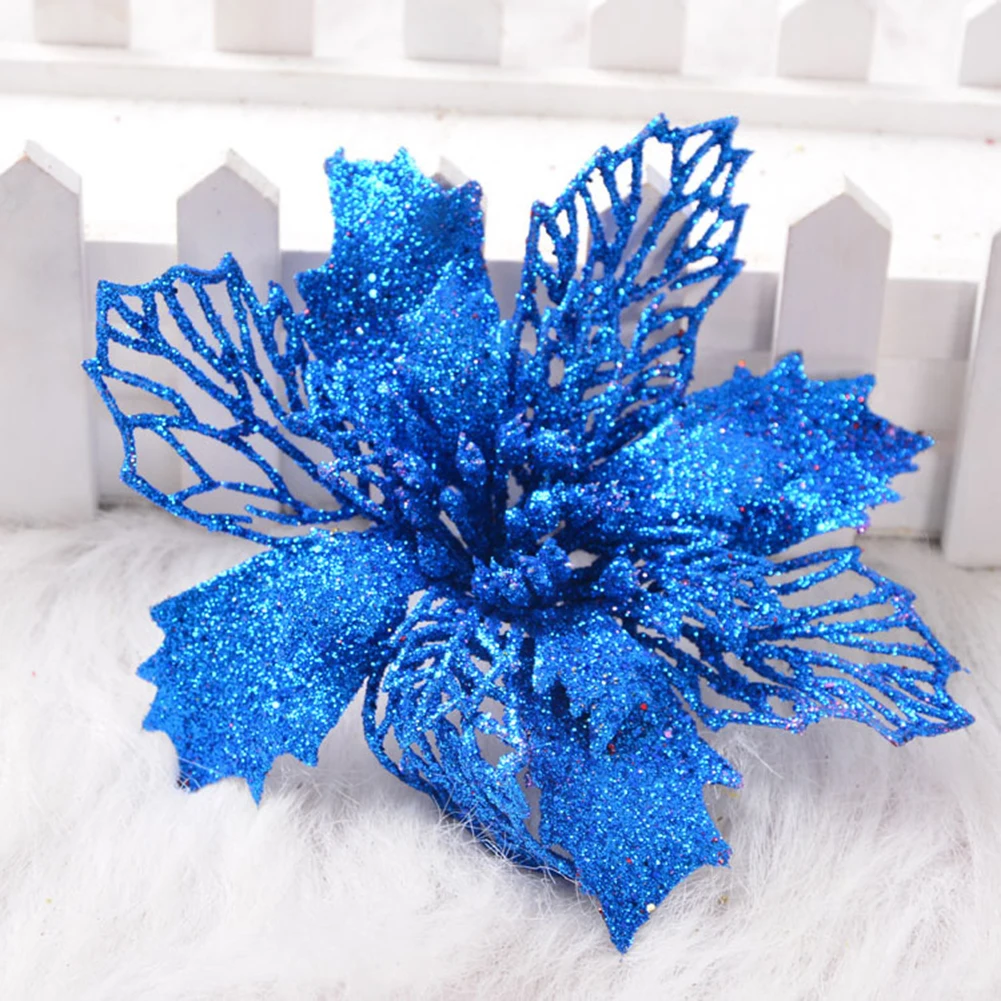 blue 16cm Большие искусственные цветы для рождественского декора, блестящие Искусственные цветы Poinsettia, сделай сам, украшение для дома, Рождества, Нового года, цветок для свадьбы - Цвет: blue 16cm