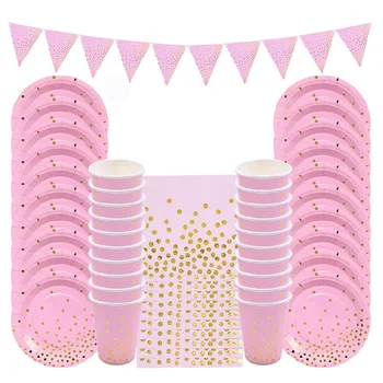 

61pcs/set Gold Dots Disposable Tableware Set Pink Blue Black Paper Plates Cups Napkins for Wedding Birthday XMAS Party Supplies