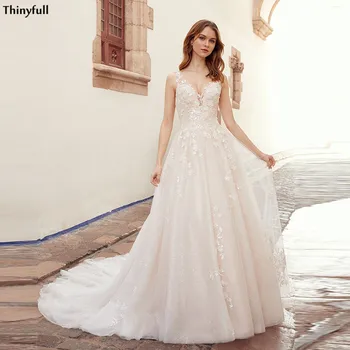

Thinyfull Shiny Beach Wedding Dresses V-Neck Lace Appliques Boho Mariage Gowns Open Back A-Line Princess Bride Dress Vestidos