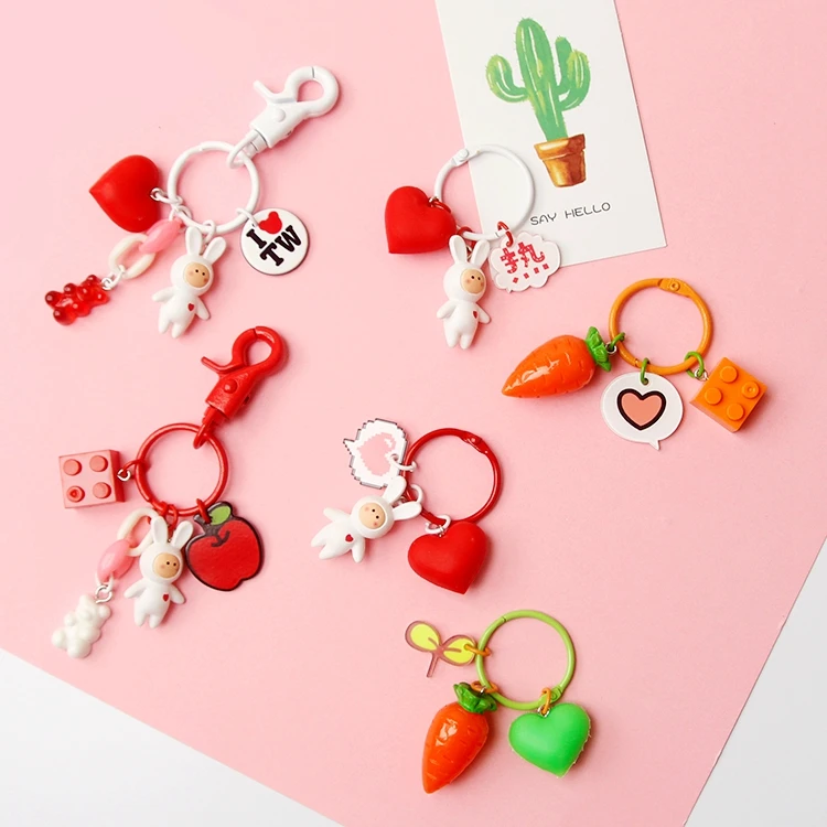 

Cute Rabbit Bunny Carrot Apple Sweet Heart Keychain For Girl Women Metal Key Chains Ring Car Bag Pendent Charm Kids Toys D347