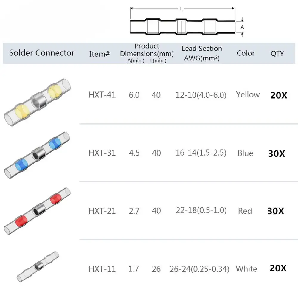 100 шт водостойкие уплотнительные клеммы для припоя термоусадочные стыковые электрические соединители для проводов комплект ассортимент 10-26AWG