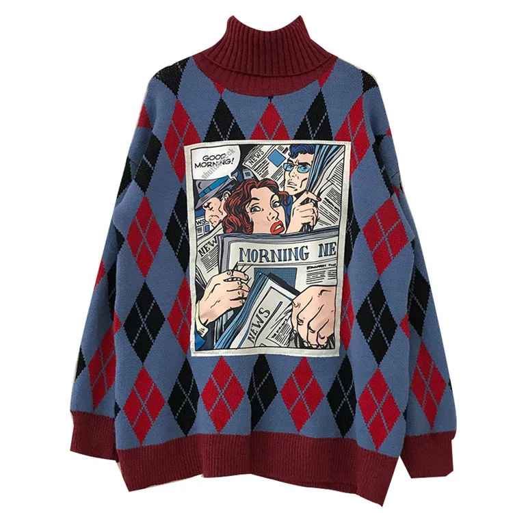 Свитер женский зима средней длины свободный Водолазка пуловер с ромбами свитер