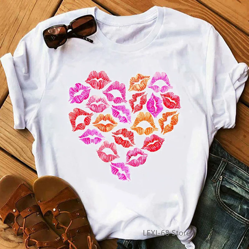 

Pink And Gold Lips Love Print T Shirt Women Clothes 2020 Vogue Tshirt Femme Kawaii Clothes For Girls Tumblr Tops Tee T-Shirt