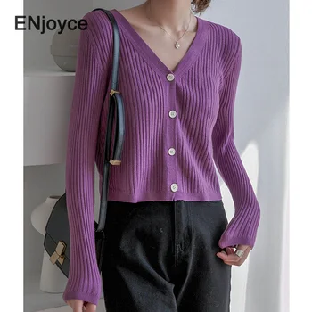 

Autumn New Fashion V-Neck Sweaters Women Slim Long Sleeve Cropped Sweater Vintage Purple Knitted Cardigan Dropshipping