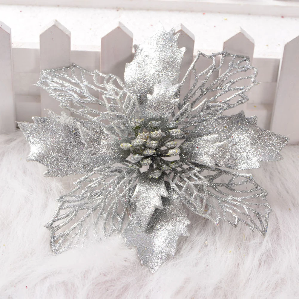 Silver 16 см DIY Имитация на Рождество Блестящий полый цветок свадебные искусственные цветы к Рождеству дерево украшения 1 шт - Цвет: Silver