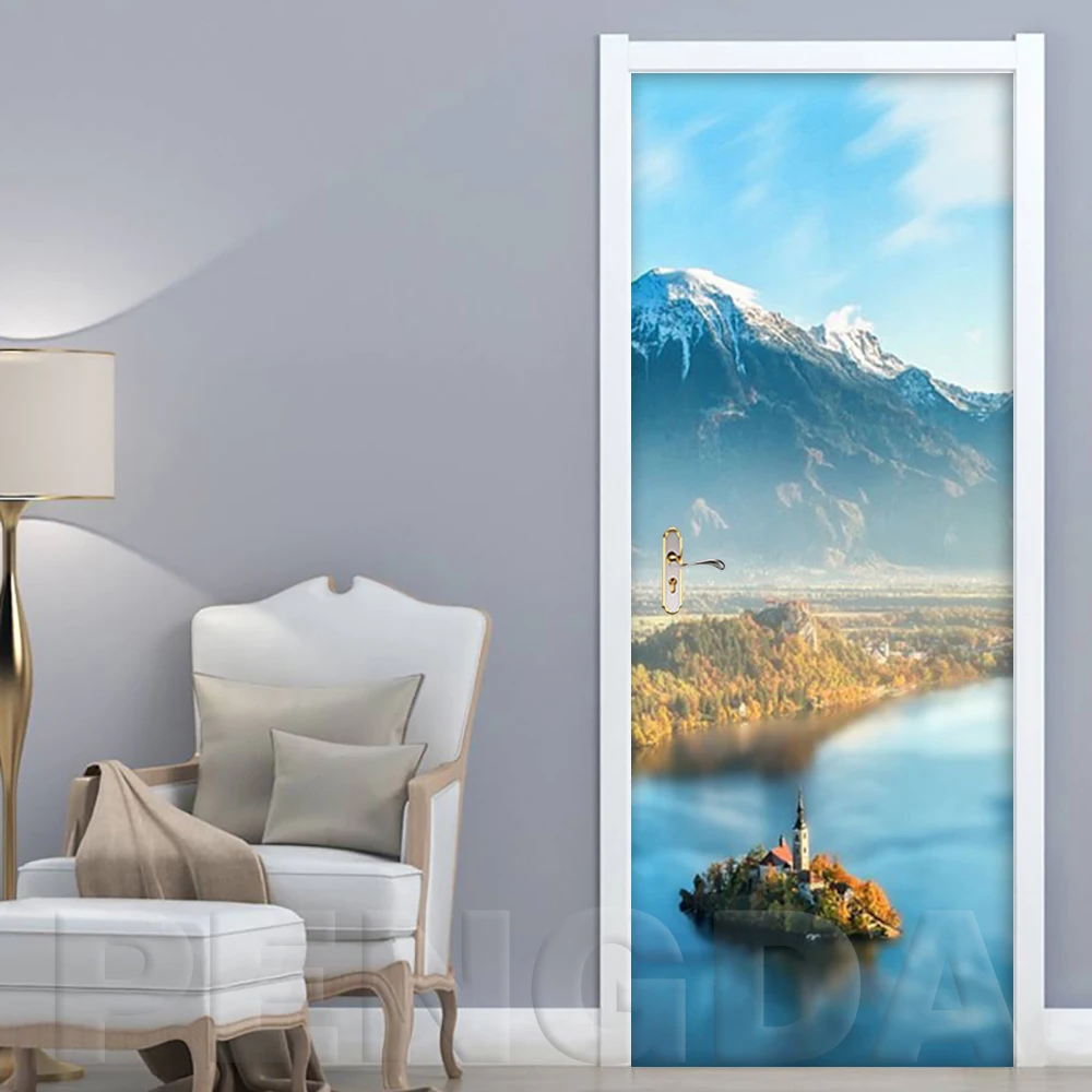 Self Adhesive Decal PVC Door Sticker Picture Snow Mountain Scenery Paper DIY For Living Room Waterproof 3D Print Art Home Decor