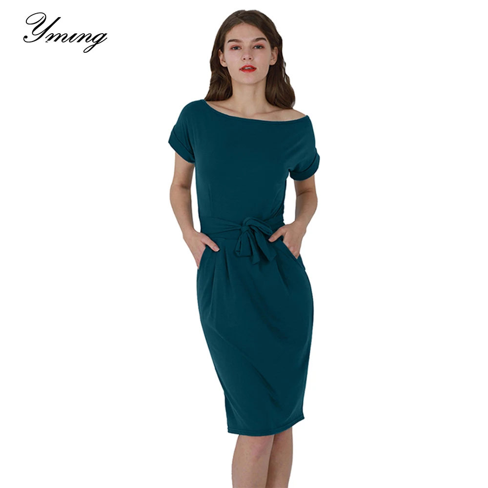 Yming Summer Women Casual Midi Dress With Belt Bodycon Party Pocket