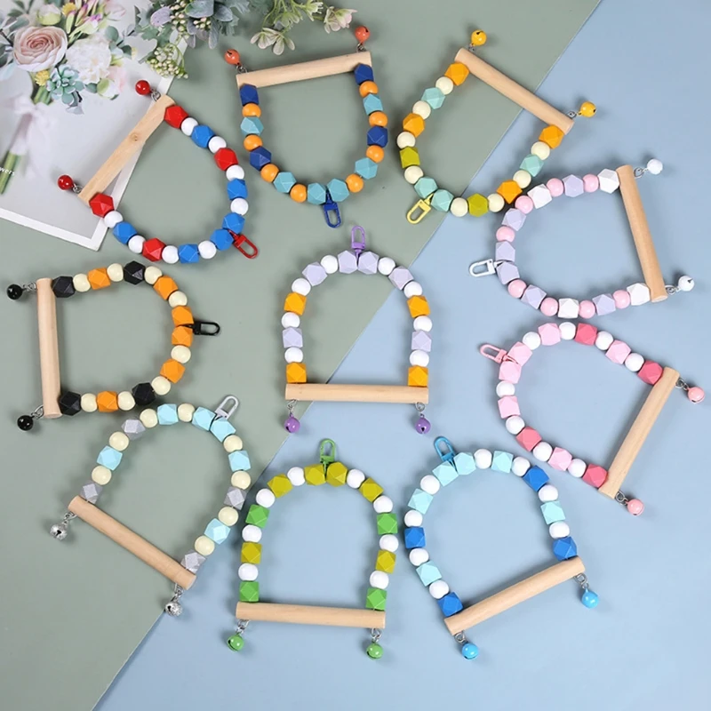 Wooden Bird Swing Parrot Chewing Hanging Perch with Bells Pet Birds Cage Toy for Small Parakeet Lovebird Cockatiel M6CE