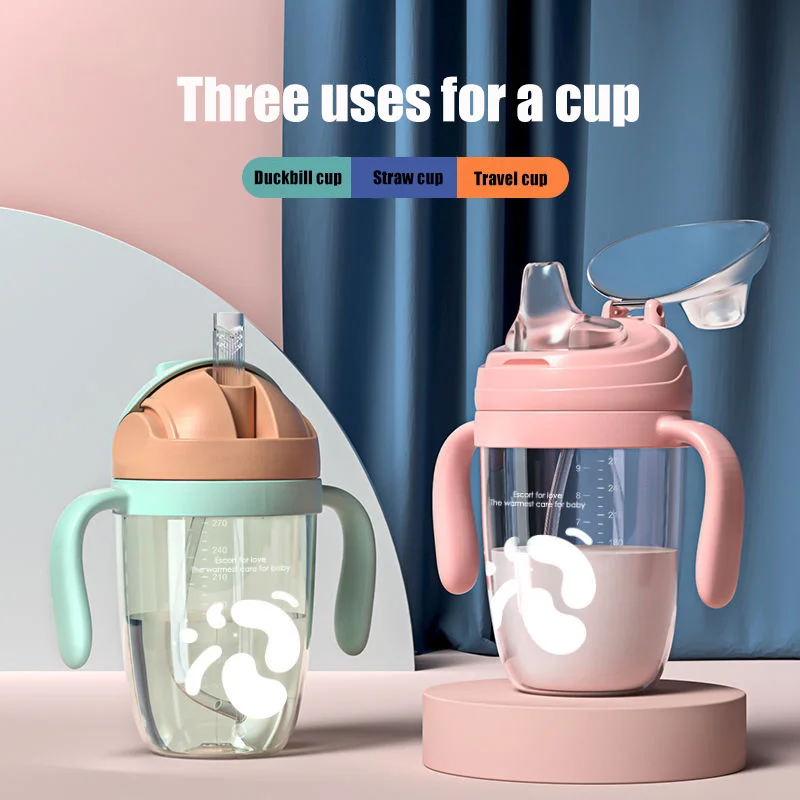 3 In 1 Child Water Bottle Baby Sippy Cups Anti-choked Kids Learning Drinking Leakproof with Spout & V-Straw & Sling