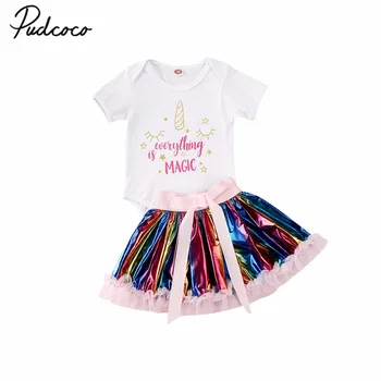

2020 New 2PCS Newborn Baby Girl Party Clothes Cartoon Unicorn Romper Jumpsuit+Rainbow Ruffle Tutu Skirt Birthday Outfit 0-24M