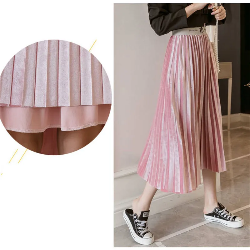 Streetwear Fashion High Waist Pleated Skirt Women Autumn Winter Midi Skirt Female Gold Velvet Long Skirt Faldas Mujer Moda