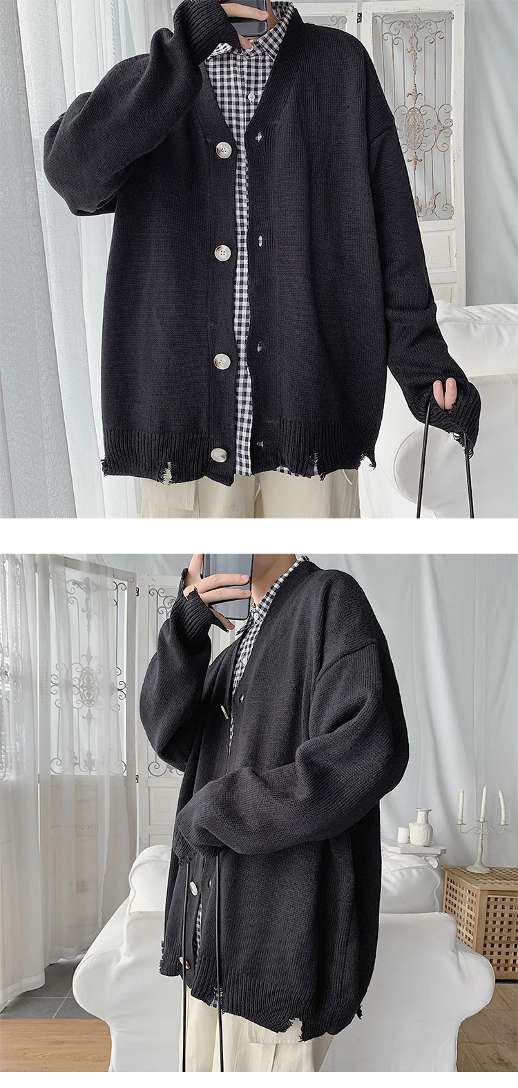 Cardigan Men Fashion Solid Color Casual V-neck Knit Sweater Jacket Men Streetwear Wild Loose Sweter Coat Male Clothes M-2XL