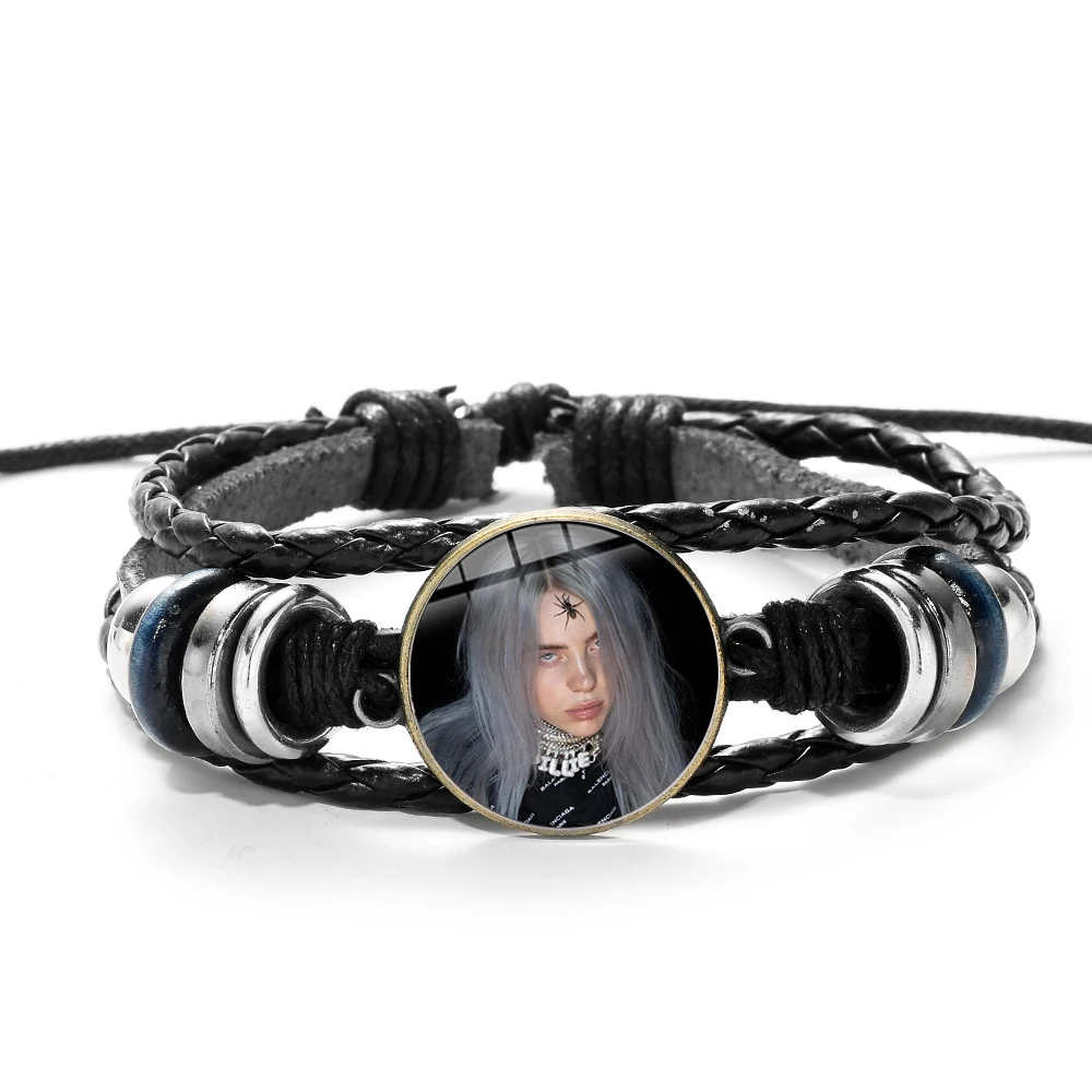Style 3 SONGDA хип-хоп певец Billie Eilish очаровательный браслет Харадзюку 3D напечатанный стеклянный кабошон черный панк кожаный браслет для фанатов - Окраска металла: Style 3