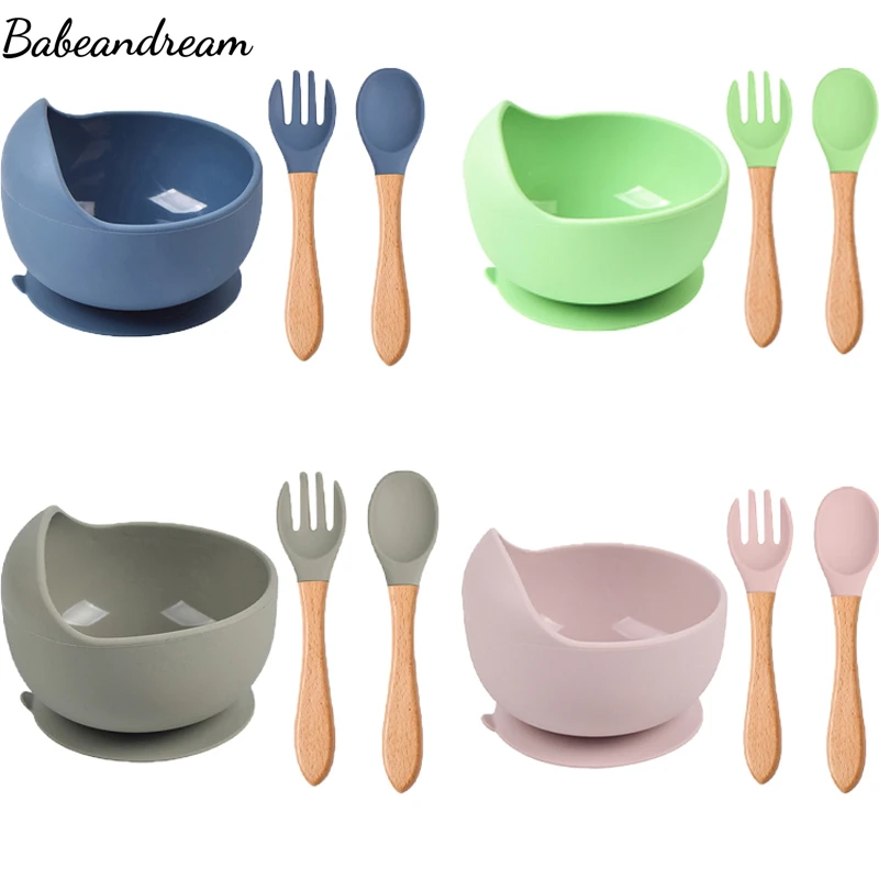 Tazón De Silicona Con Cuchara Mango De Madera Para Bebés Tazón De Silicona Con Cuchara Mango De Madera Para Bebés