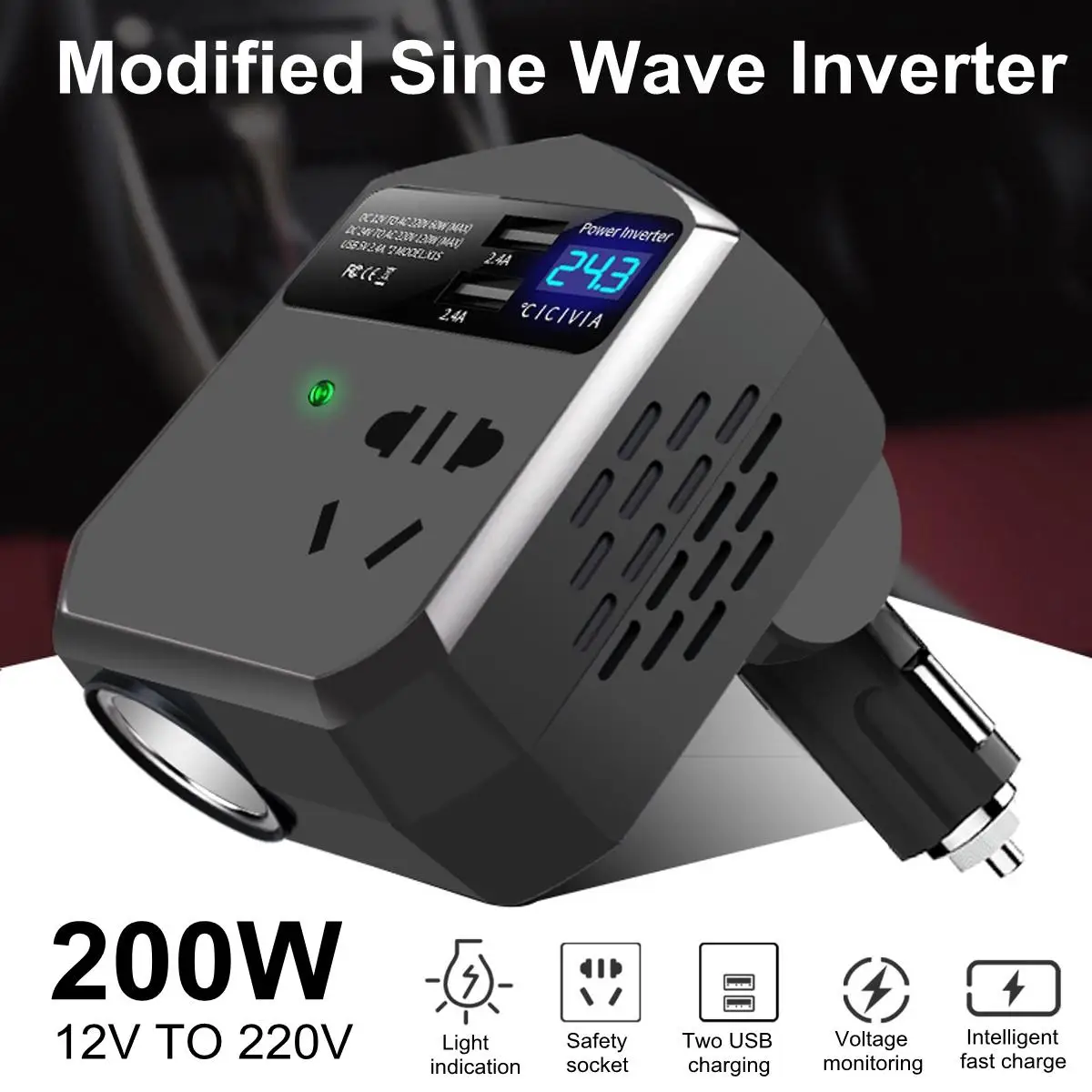 

Mini Car Power Inverter 12V 200W Power Inverter 12V/24V Auto Adapter Modified Sine Wave Inversor LCD Display Fast Charge