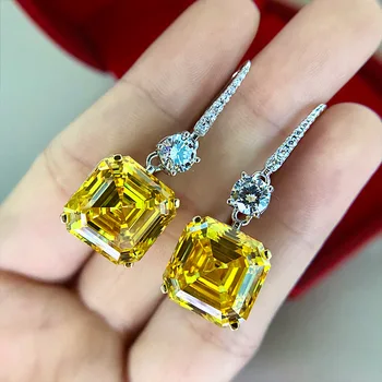 

Fashion 925 Solid Sterling Silver Asscher Created Moissanite Citrine Gemstone Drop Dangle Earrings Fine Jewelry Wholesale