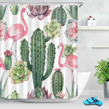 

Watercolor Flamingo Cactus Shower Curtain Bathroom Waterproof Fabric