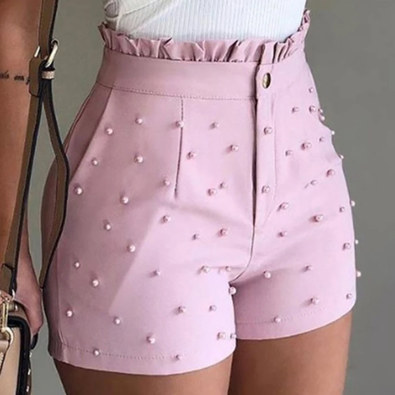 women's fashion Women's Shorts Summer Fashion Soild Color Shorts Bead Decoration High Waist Female Caual Summer Femme Shorts Robe Feminina bermuda shorts Shorts