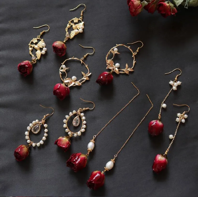 CSxjd, натуральный жемчуг, сушеные цветы, серьги, красный цветок, серьги, подарок для женщин, хорошее ювелирное изделие