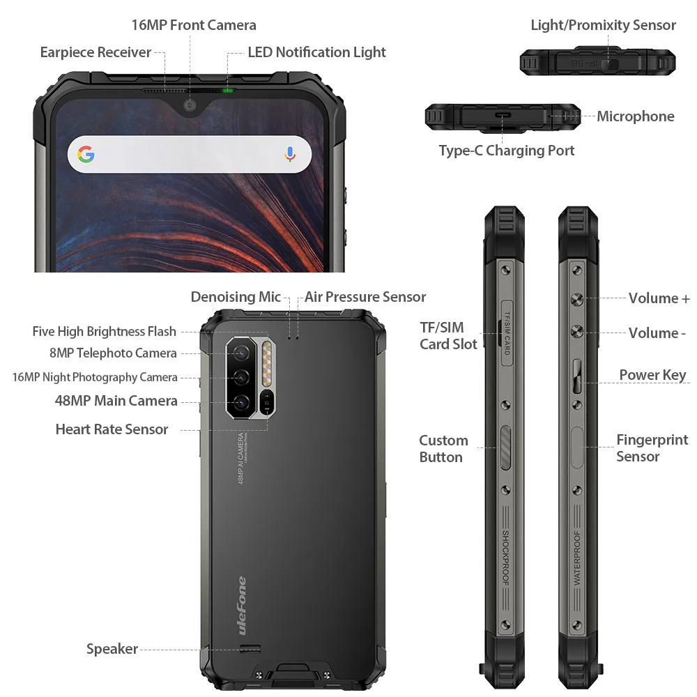  Ulefone Armor 7 Helio P90 Smartphone IP68 Octa Core 8GB+128GB Android 9.0 48MP 4G LTE Camera Rugged