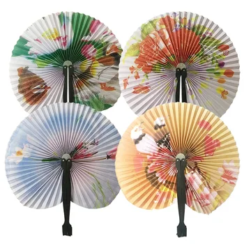 

Chic Female Handheld Fan Chinese Pocket Folding Hand Fan Round Circle Printed Paper Decorative Fan Party Decor Gift