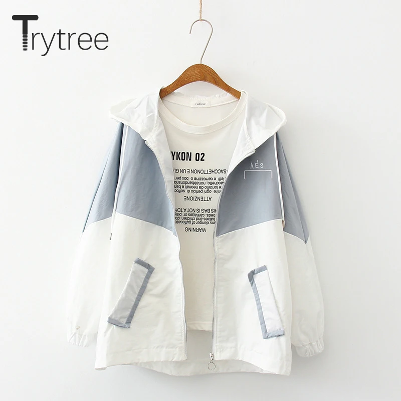 Trytree, осеннее пальто с капюшоном, повседневное, на молнии, женское, 3 цвета, пэчворк, полиэстер, карманы, с буквенным принтом, Тренч, модное, свободное, тонкое пальто