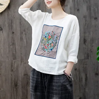 

O Neck Pullover Top Female Casual Ramie Embroidery Fashion T-shirt for women with solid color